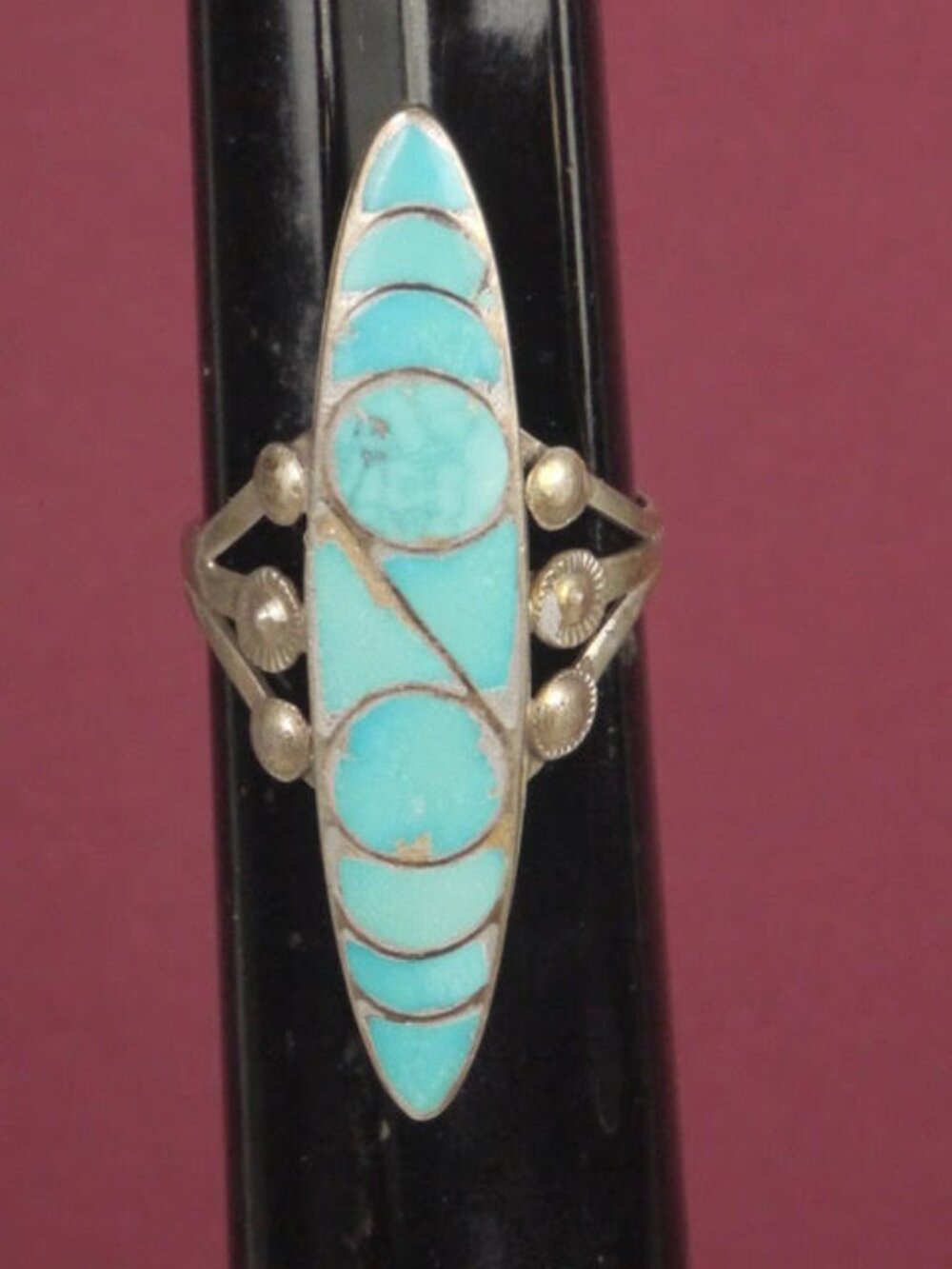 Vintage Women's Zuni Turquoise Inlay Sterling Silver Ring Size 11.5